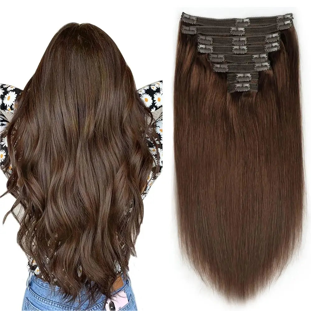 Extensions à clip brun 8 pièces 120g Cheveux humains Remy