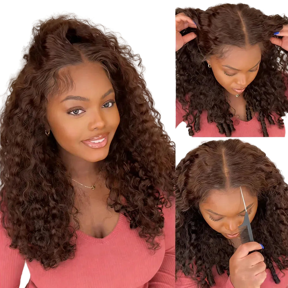 Perruque Lace Front HD 360 sans colle, brune chocolat, bouclée birmane
