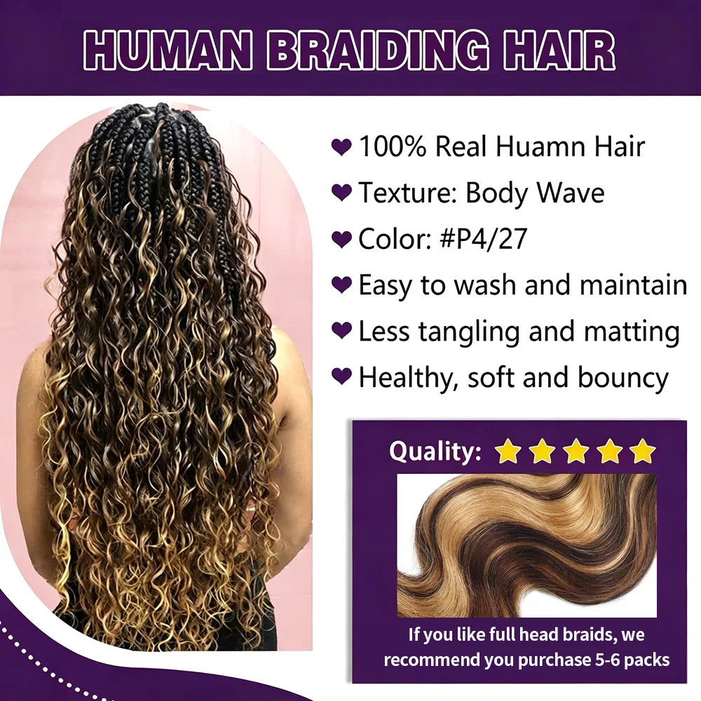 Body Wave 4/27 Bulk Human Braiding Hair – 50g Boho Braids