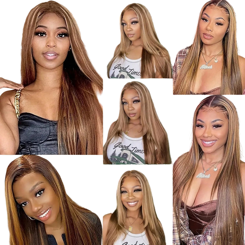 Perruque de cheveux humains lisses 360 Lace Frontal avec mèches