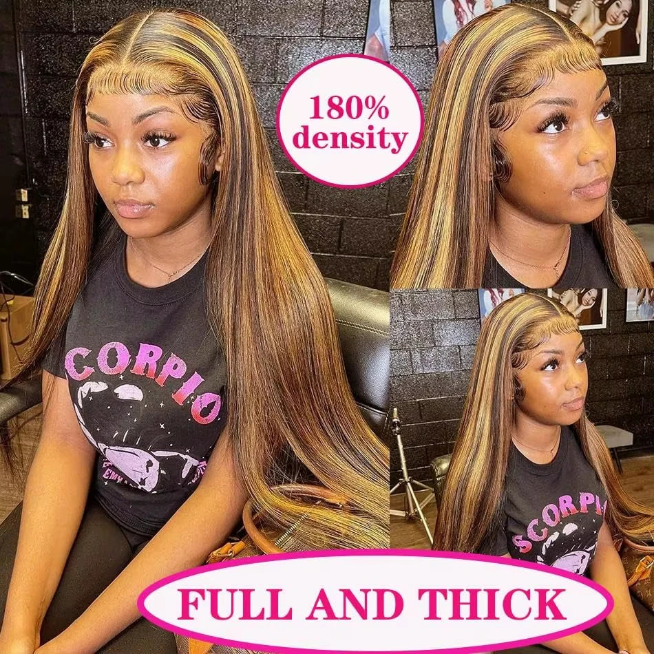 Perruque de cheveux humains lisses 360 Lace Frontal avec mèches