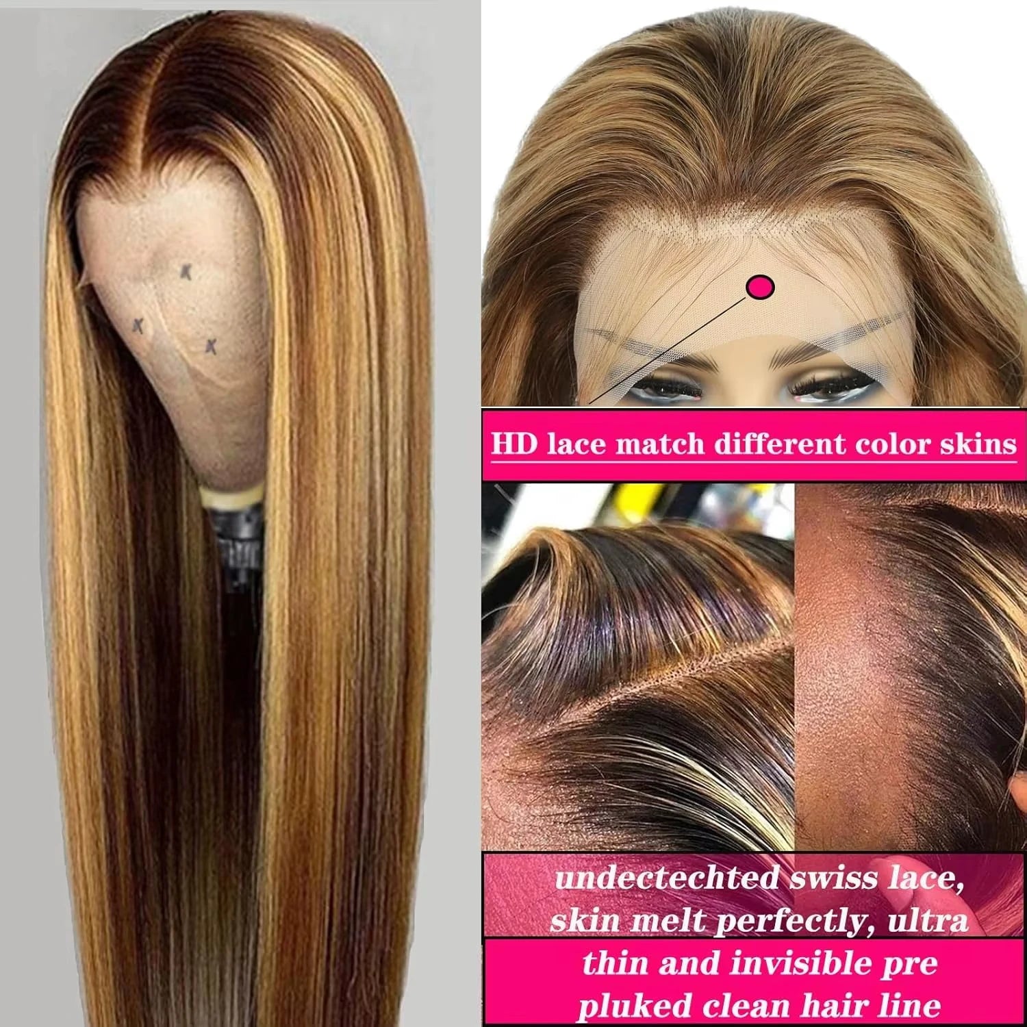 Perruque de cheveux humains lisses 360 Lace Frontal avec mèches
