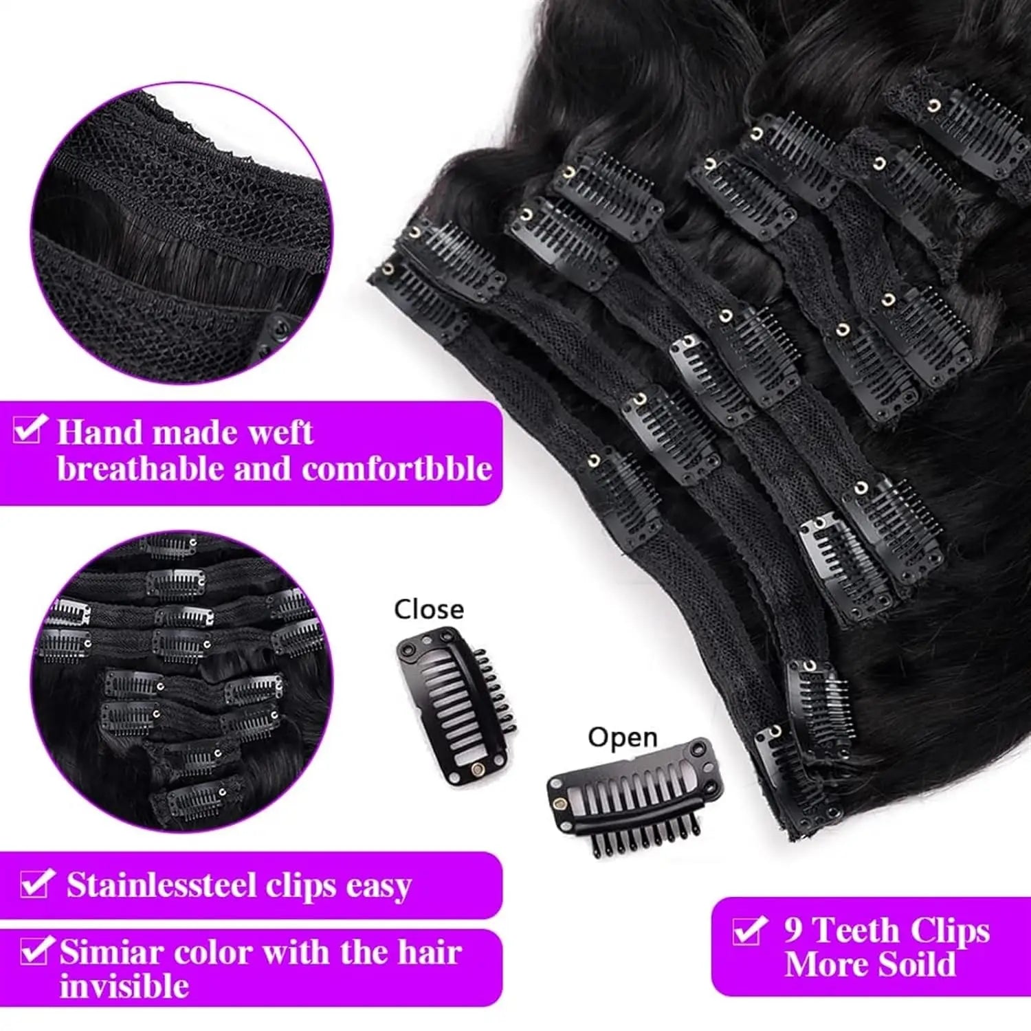 Extensions à clips en cheveux humains ondulés, noir naturel