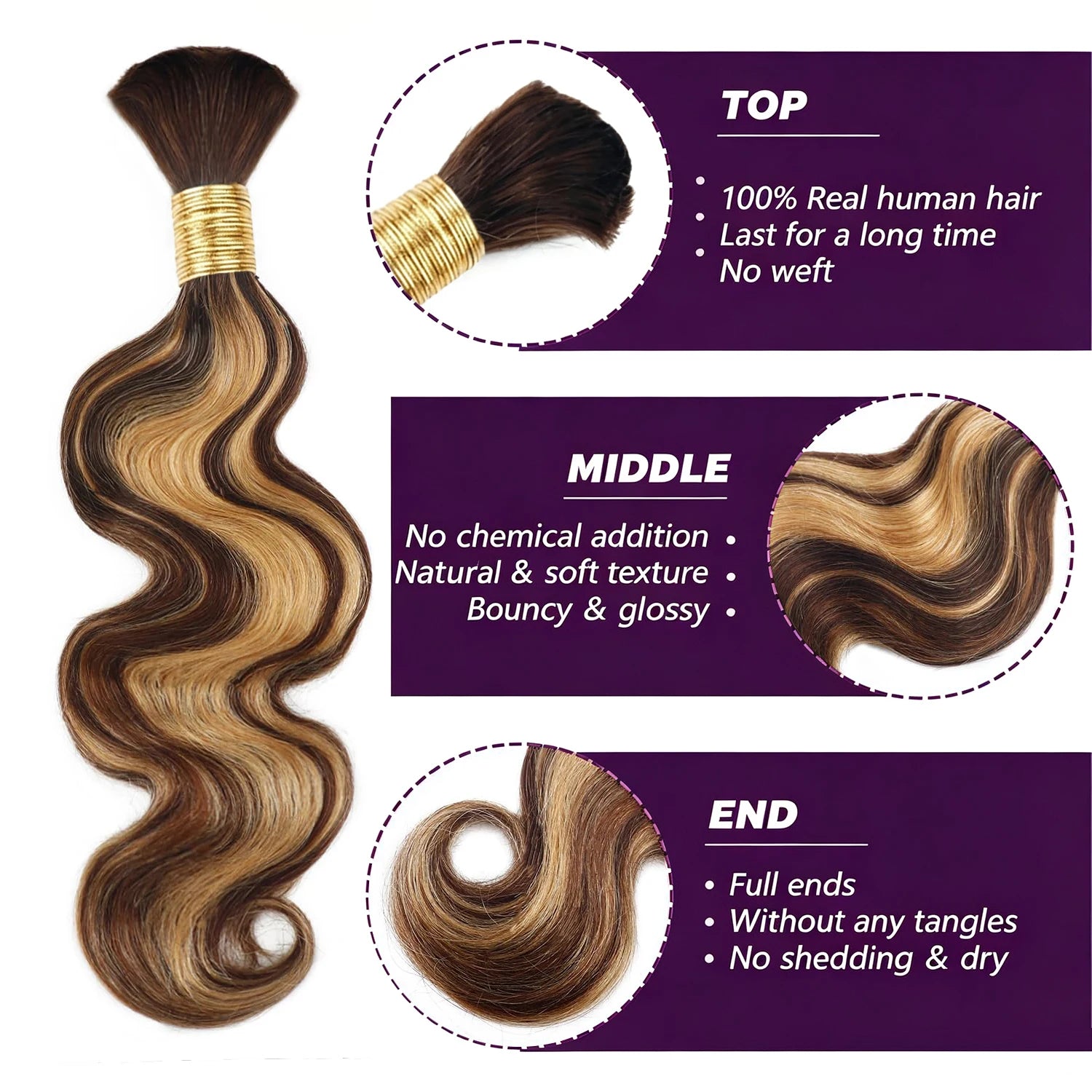 Body Wave 4/27 Bulk Human Braiding Hair – 50g Boho Braids