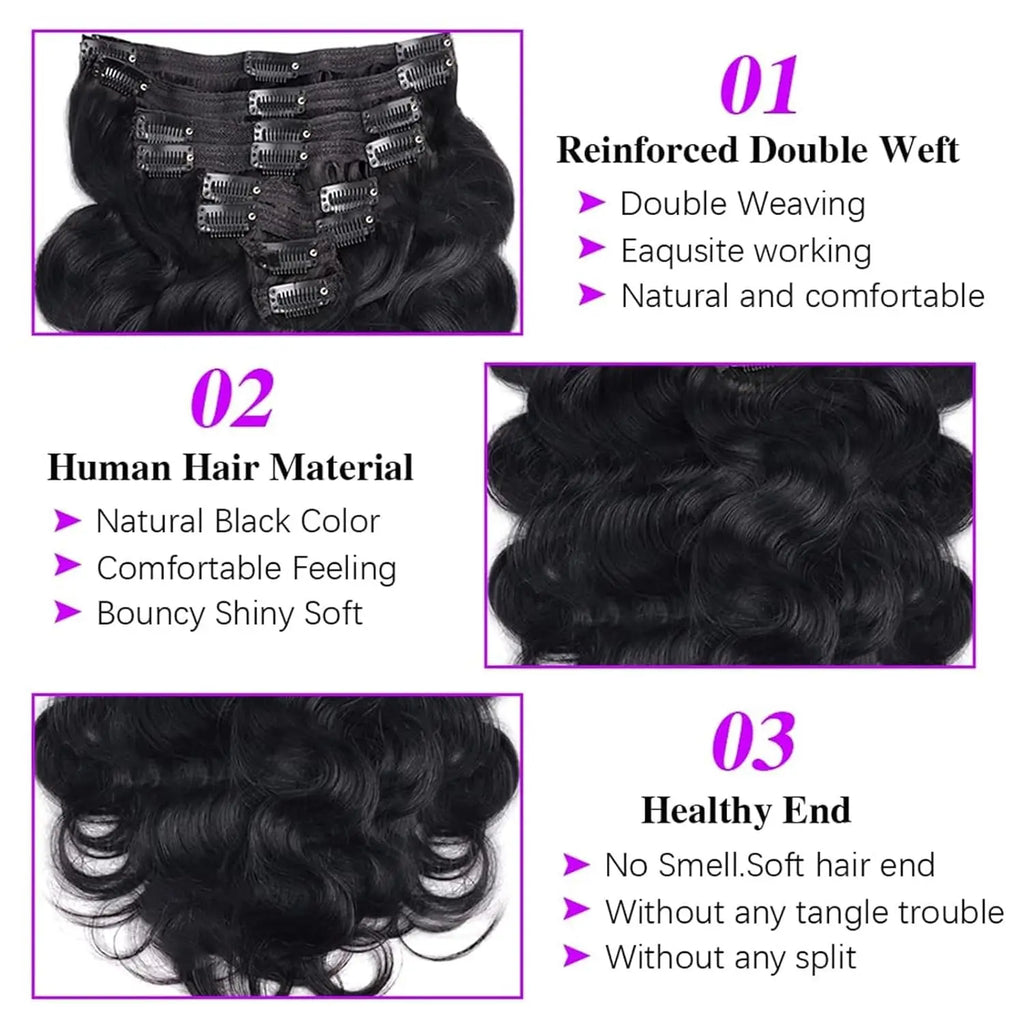 Extensions à clips en cheveux humains ondulés, noir naturel