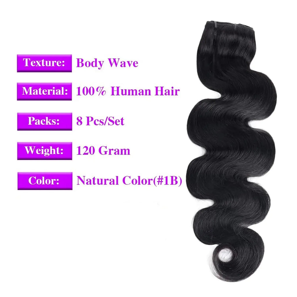 Extensions à clips en cheveux humains ondulés, noir naturel
