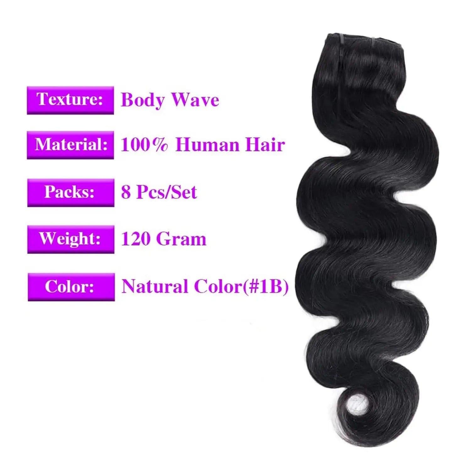 Extensions à clips en cheveux humains ondulés, noir naturel
