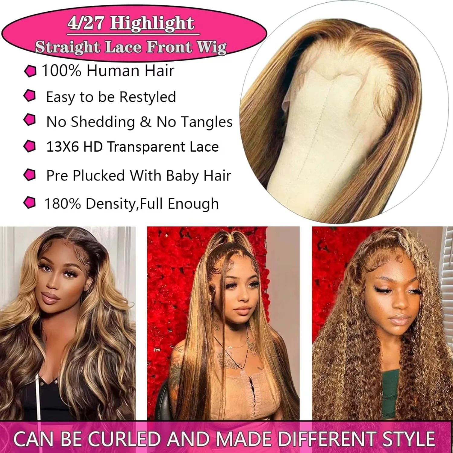 Perruque de cheveux humains lisses 360 Lace Frontal avec mèches