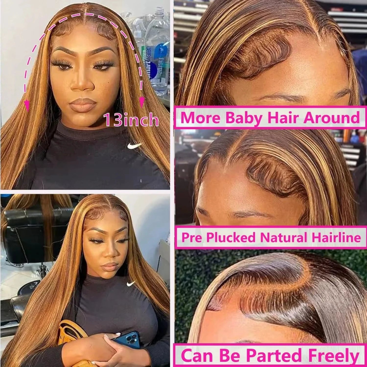 Perruque de cheveux humains lisses 360 Lace Frontal avec mèches