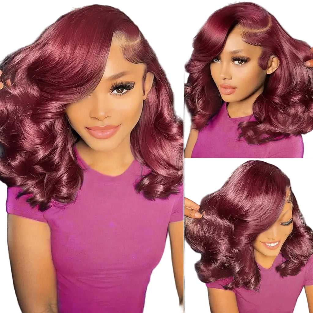 Burgunderrote Echthaar-Lace-Front-Bobperücke mit Loose-Wave