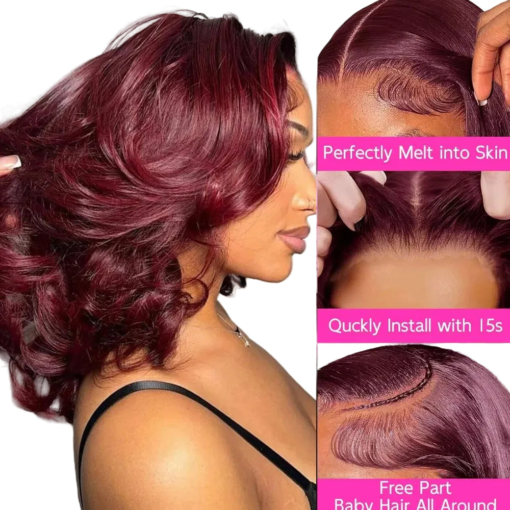 Burgunderrote Echthaar-Lace-Front-Bobperücke mit Loose-Wave