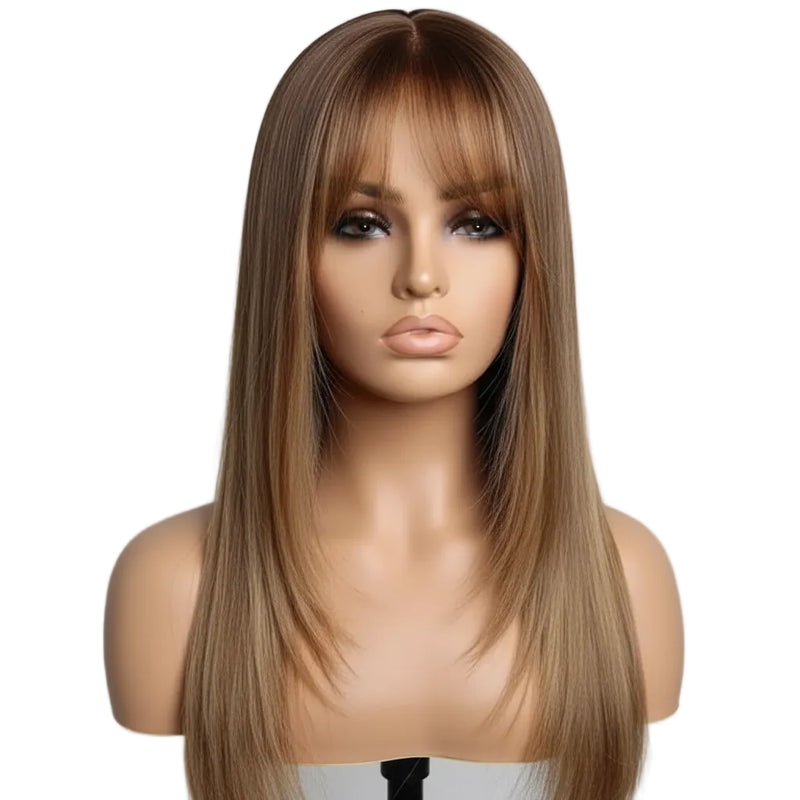 Ombre Blonde Brown HD Synthetic Lace Front Wig With Bangs