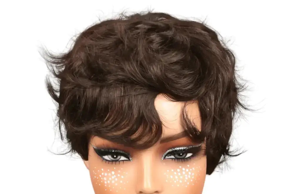 Light brown pixie cut wig displayed on a mannequin with a stylish short hairstyle and makeup.