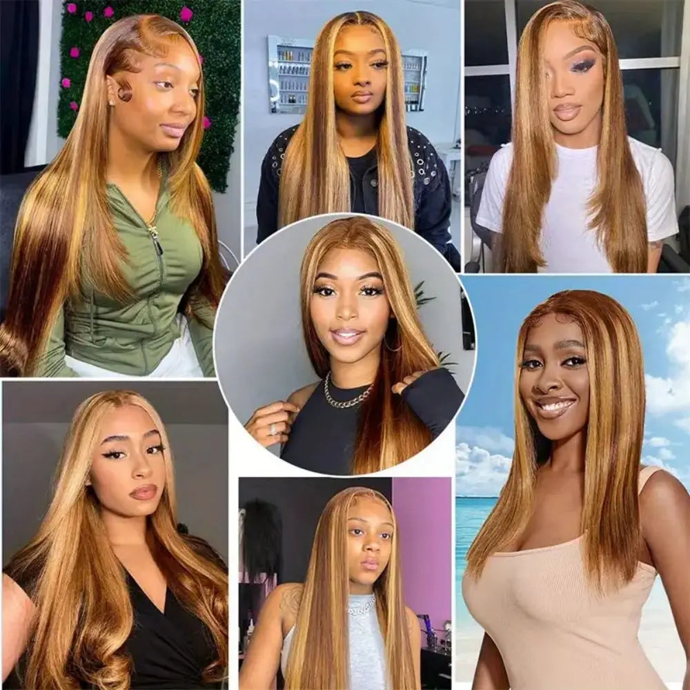 Perruque Lace Front Cheveux Humains Lisses 200 Densité Mèches Highlights
