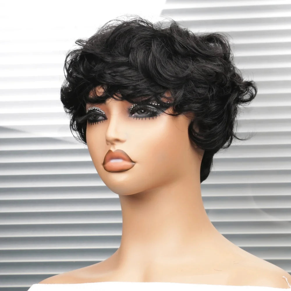 Short Pixie Cut Curly Bob Human Hair Wig With Bangs