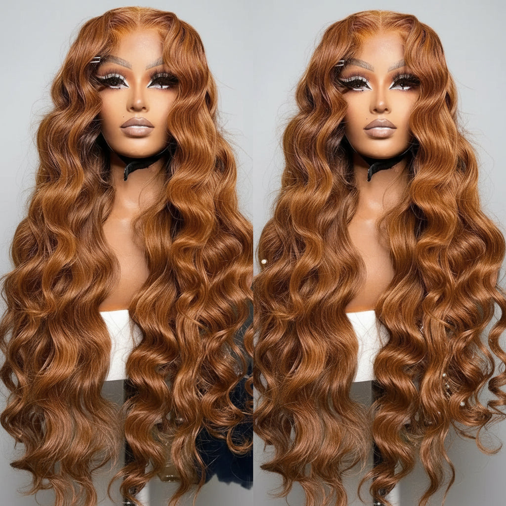 Perruque de cheveux humains ondulés, frontale en dentelle, blond vénitien