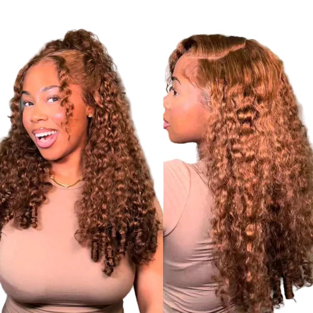 Perruque Lace Front HD 360 sans colle, brune chocolat, bouclée birmane