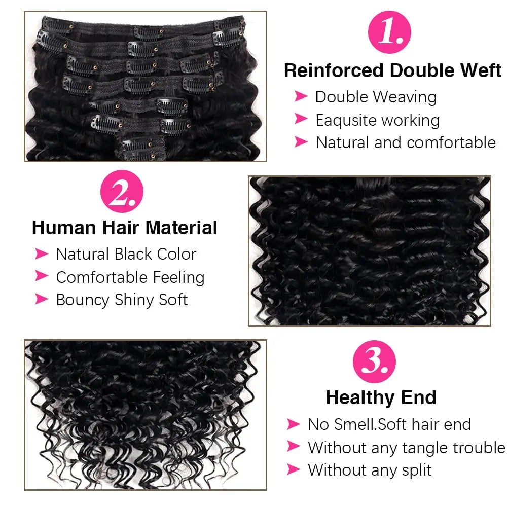 Extensions à Clip Seamless Cheveux Humains Ondulés Profonds 4C 8 Pièces