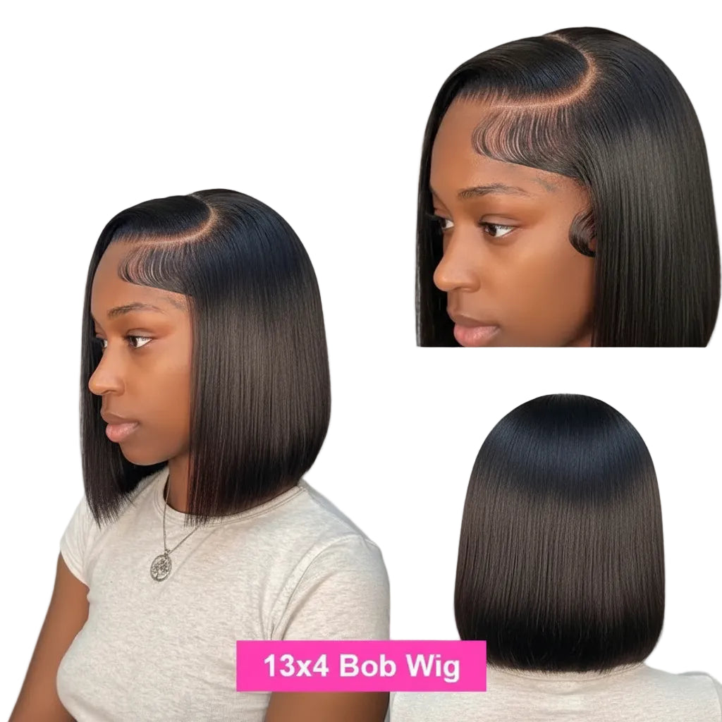 Perruque Bob Court et Lisse en Cheveux Naturels, Sans Colle, Lace HD 13x4