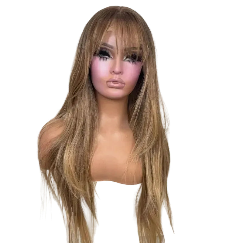 Ombre Blonde Brown HD Synthetic Lace Front Wig With Bangs