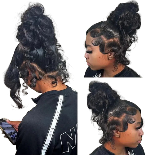 360 HD lace front human hair wig styled in a bun with curls, showcasing natural look and pre-plucked hairline.