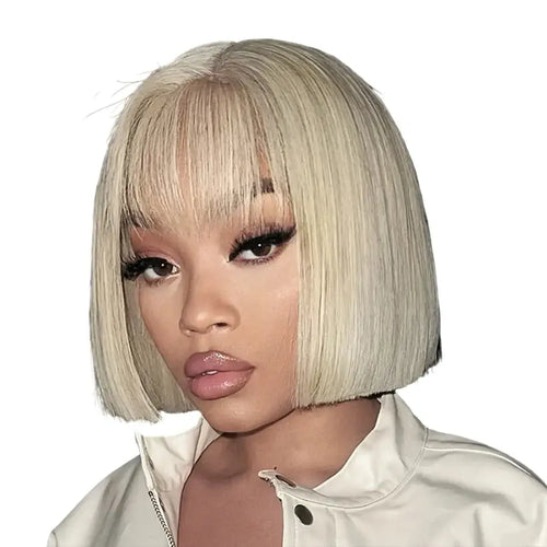 613 blonde straight bob wig with bangs, featuring a smooth and stylish look, made from high-density human hair.