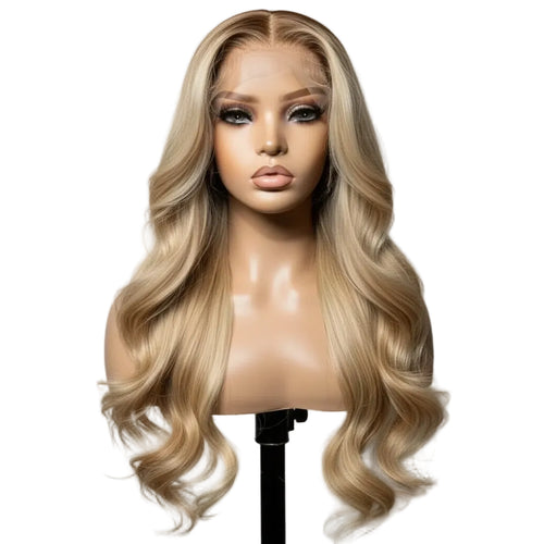 613 blonde lace front wig showcased on a mannequin with body wave texture and a seamless hairline.