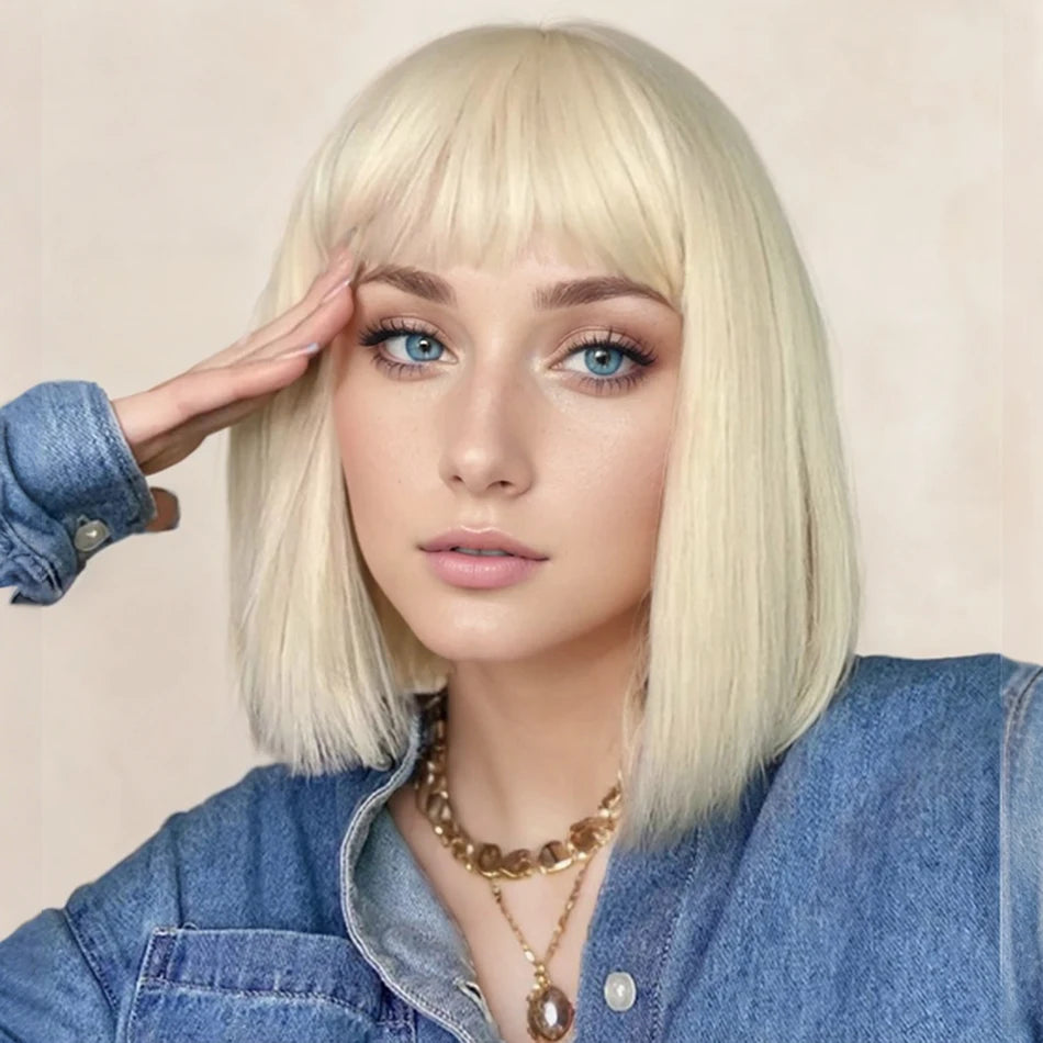 613 Blonde Straight Bob Wig With Bangs – Human Hair, No Lace