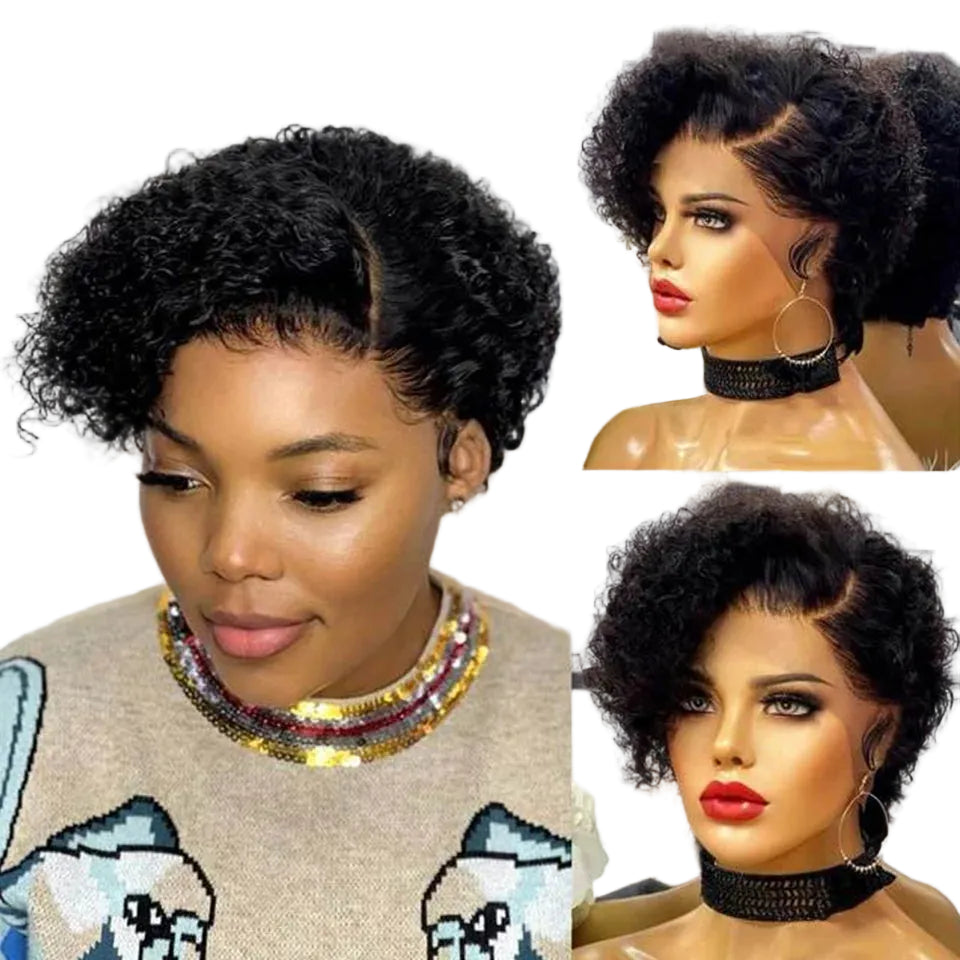 Perruque Courte Carrée Bouclée en Cheveux Humains Brésiliens Lace Front 13x6x1