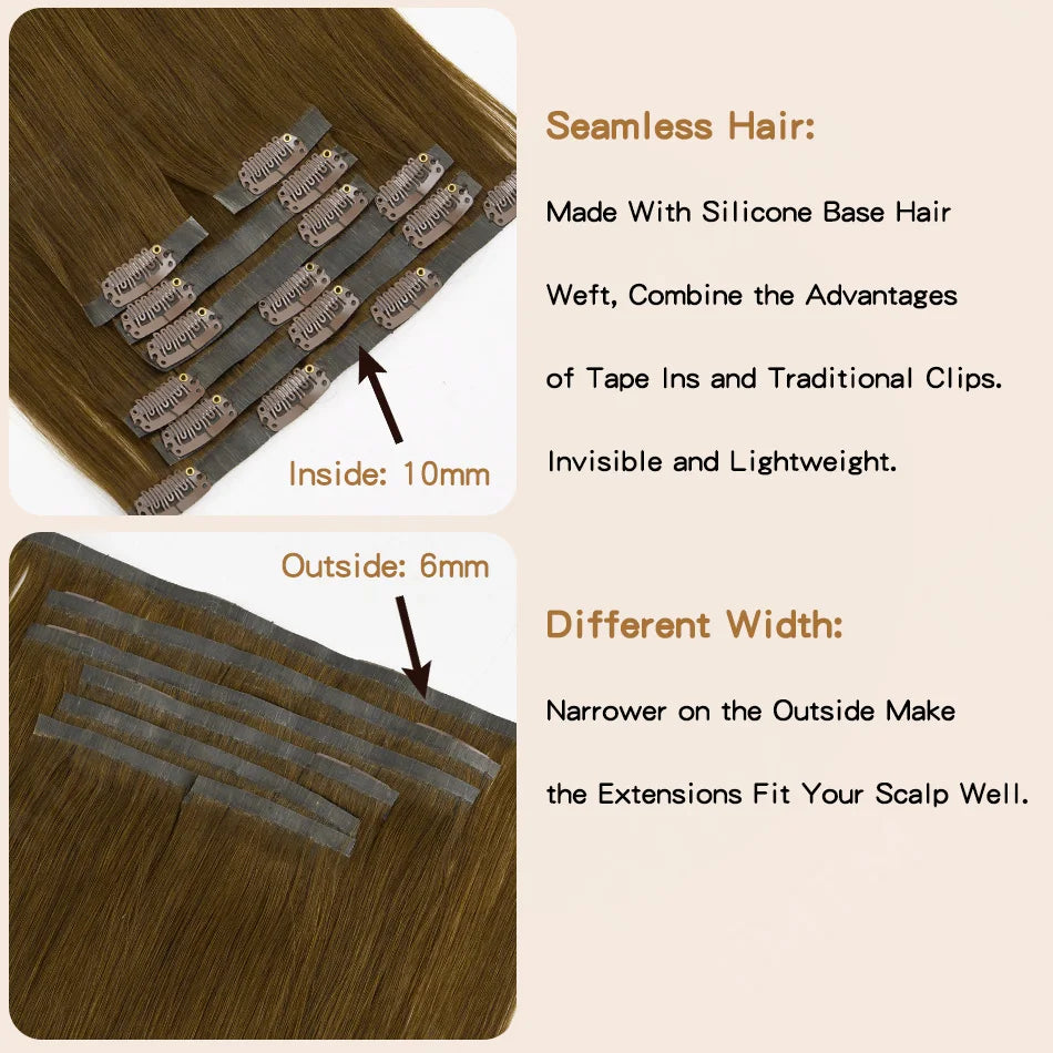 Extensions à clips en cheveux humains PU invisibles, 7 pièces, 110 g