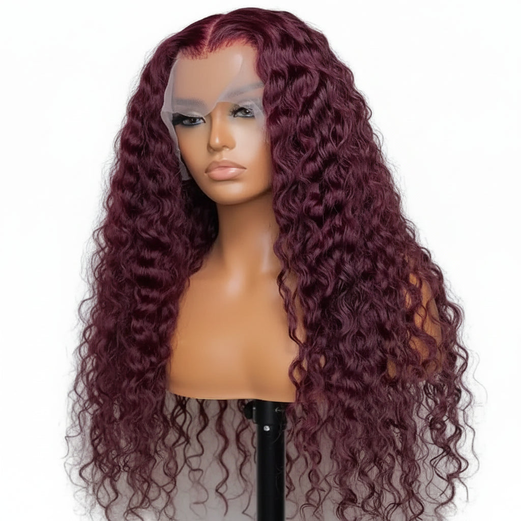 Burgunderrote, krause Locken, Lace-Front-Perücke mit 180 % Dichte
