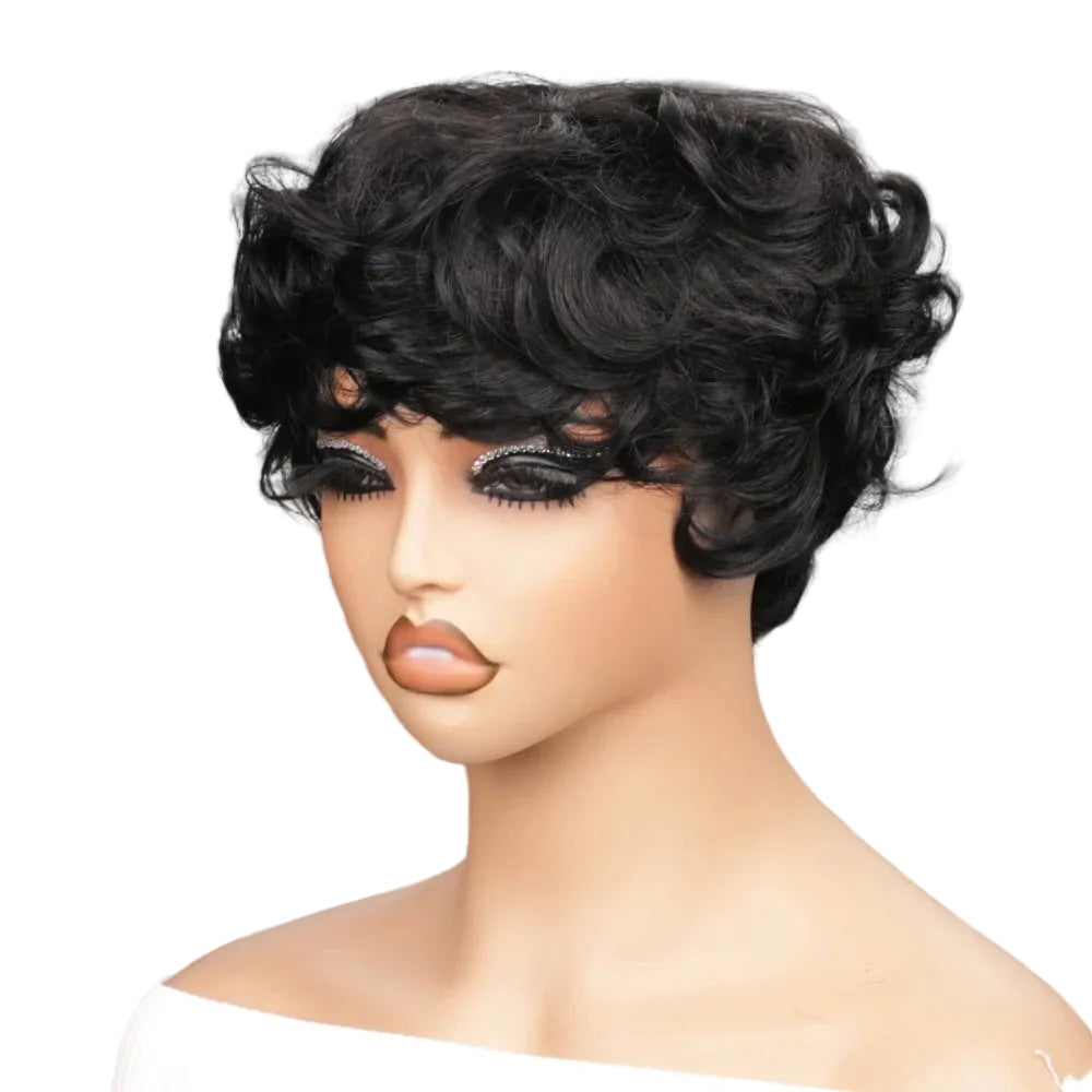 Perruque de cheveux humains bouclés coupe pixie courte avec frange
