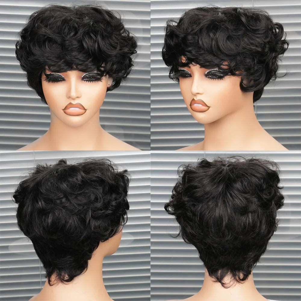 Short Pixie Cut Curly Bob Human Hair Wig With Bangs