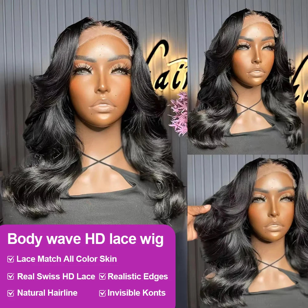 Perruque bob cheveux naturels ondulés HD Lace Frontal sans colle