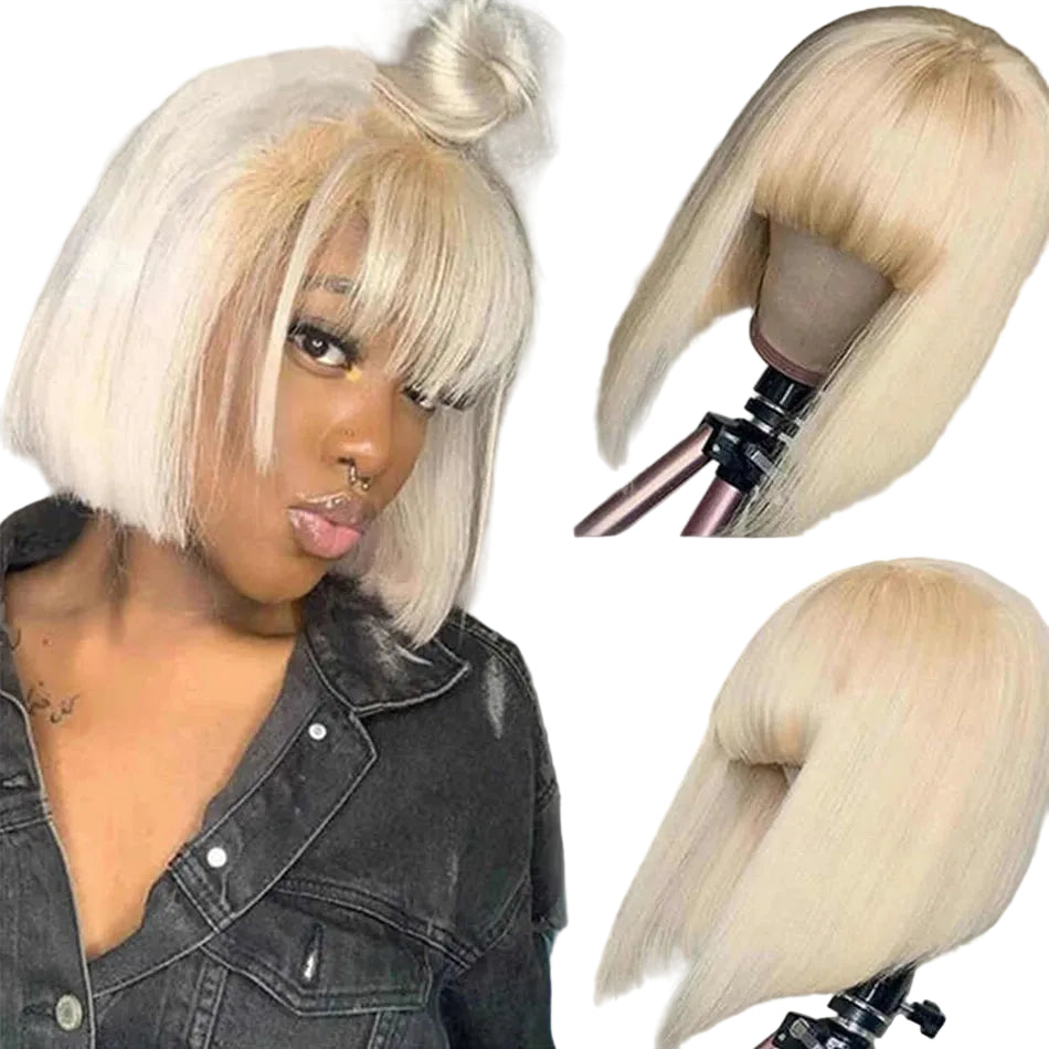 613 Blonde Straight Bob Wig With Bangs – Human Hair, No Lace