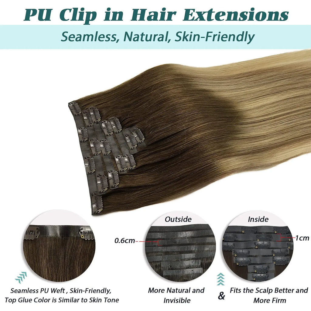 Seamless Clip In Human Hair Extensions – Invisible PU 150g