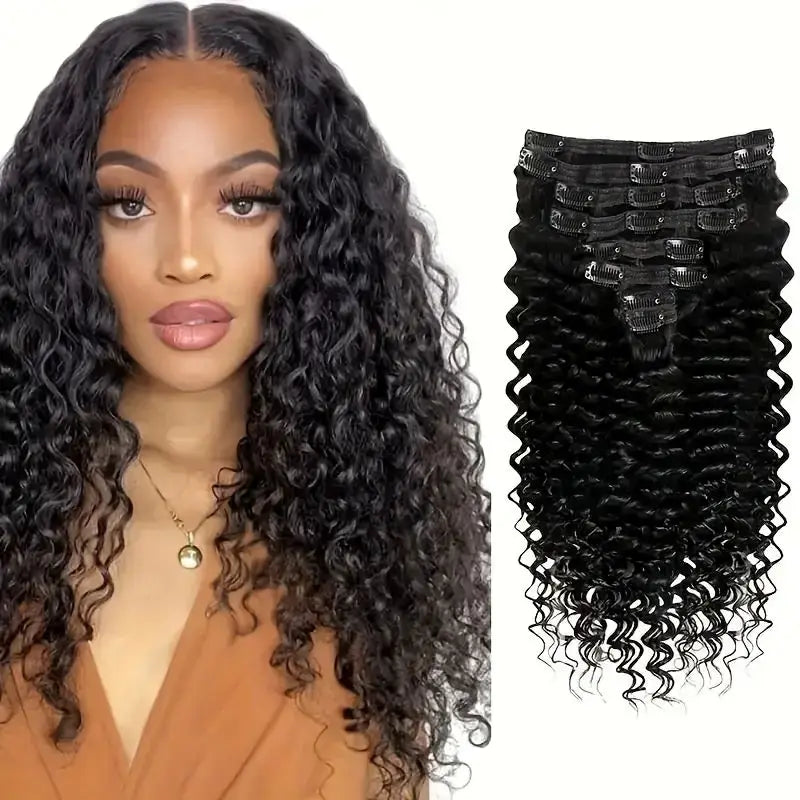 Extensions de cheveux humains à clipser Deep Wave, 8 pièces, 120 g