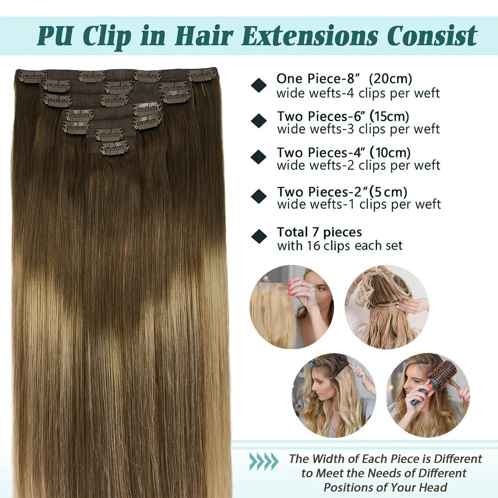 Seamless Clip In Human Hair Extensions – Invisible PU 150g