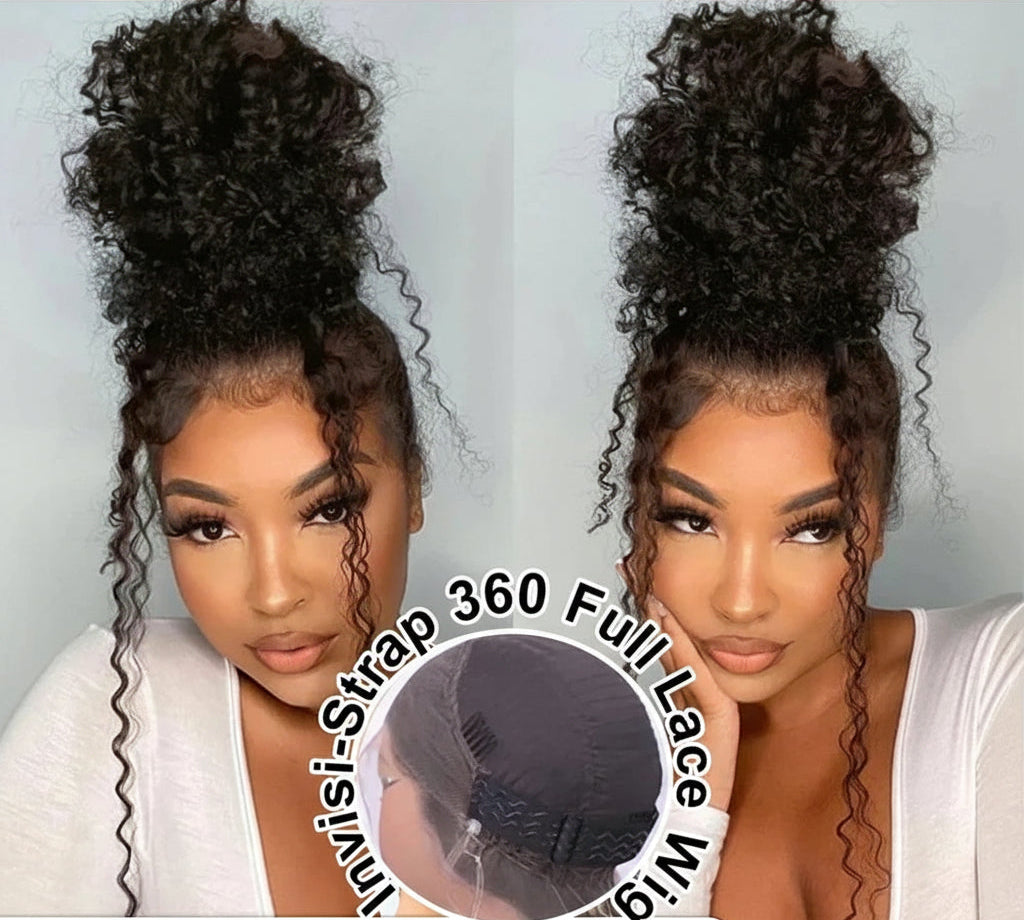 HD 360 Lace Glueless Deep Curly Human Hair Wig Invisible Strap
