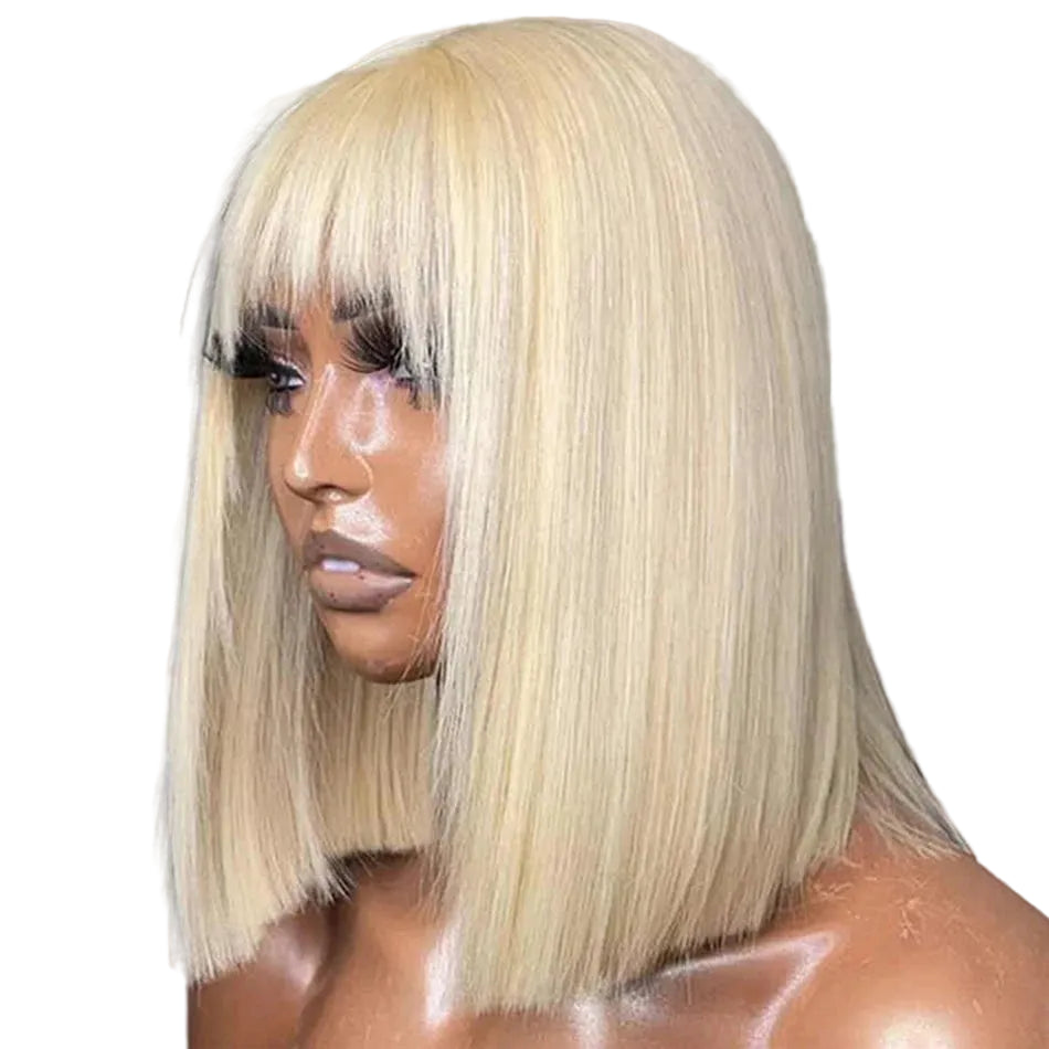 613 Blonde Straight Bob Wig With Bangs – Human Hair, No Lace