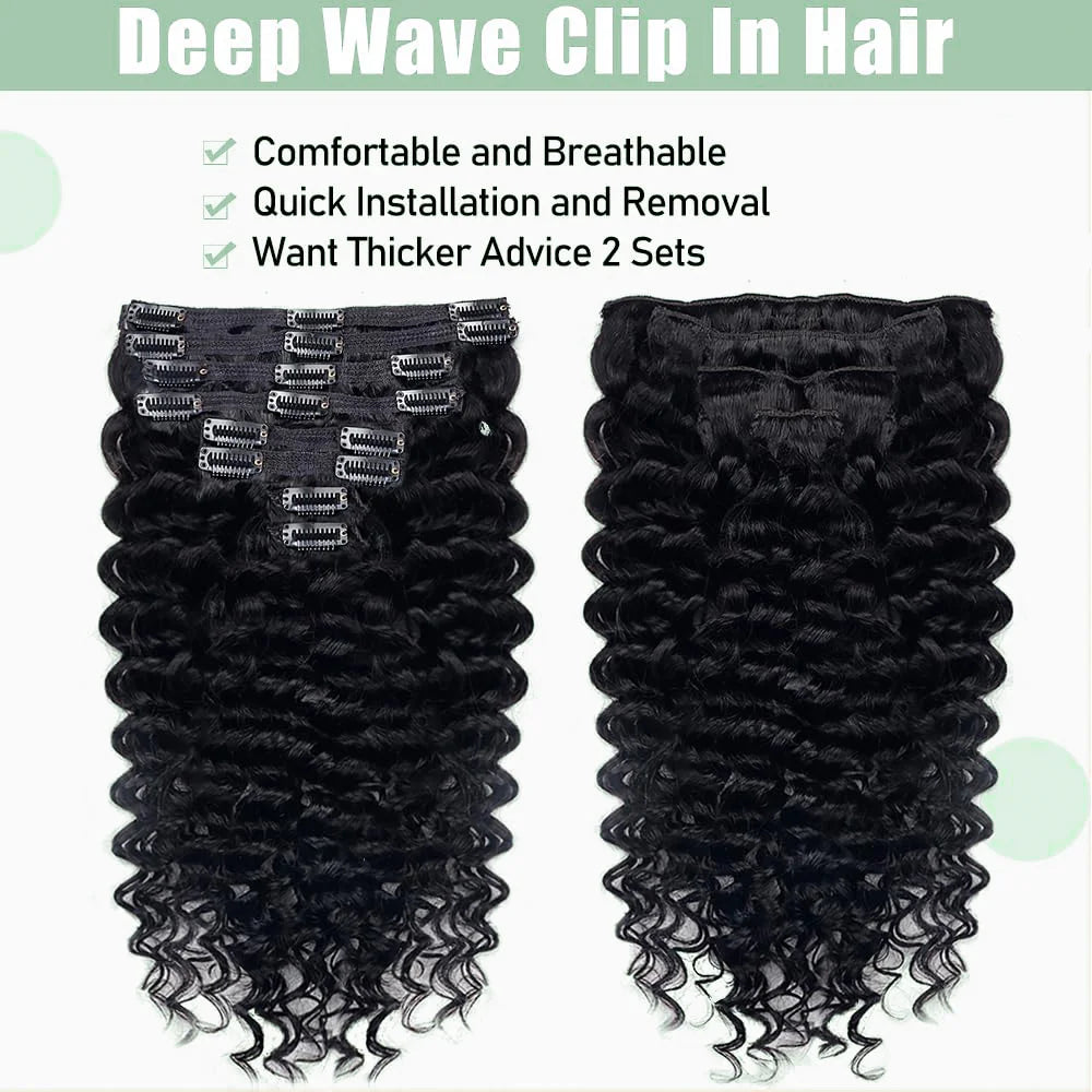 Extensions de cheveux humains à clipser Deep Wave, 8 pièces, 120 g