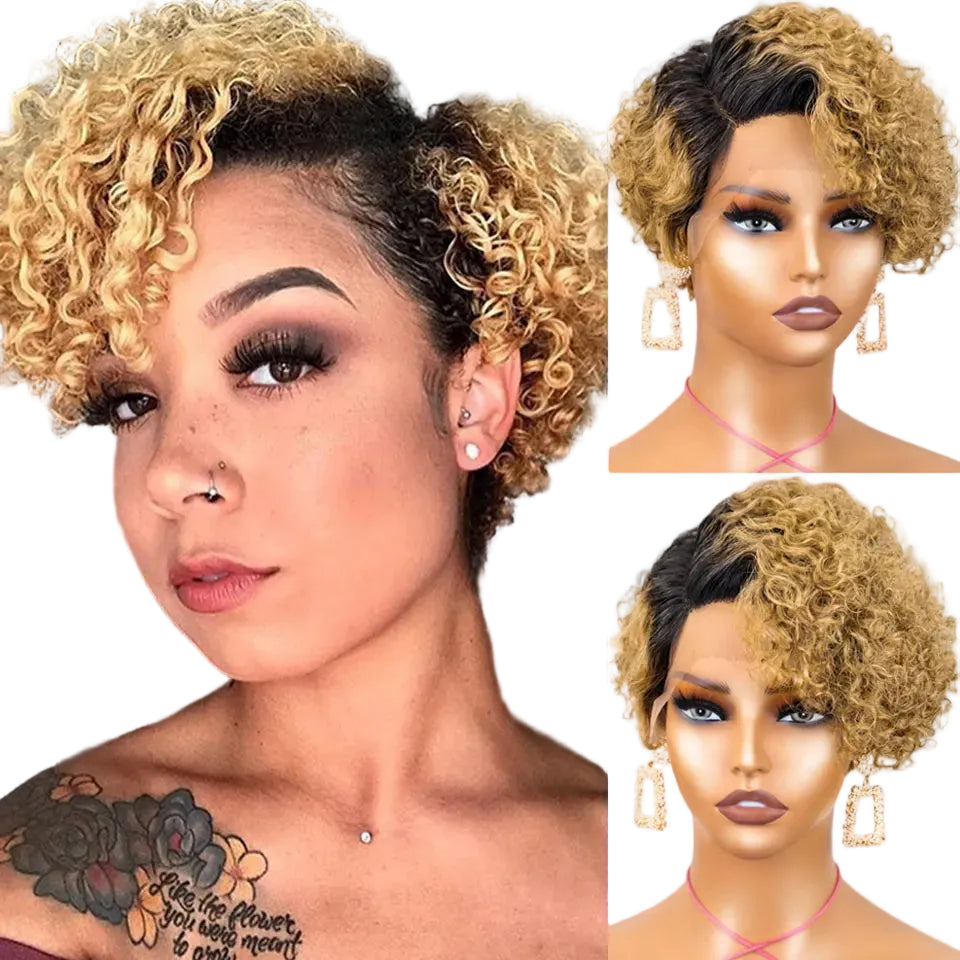 Perruque Courte Carrée Bouclée en Cheveux Humains Brésiliens Lace Front 13x6x1