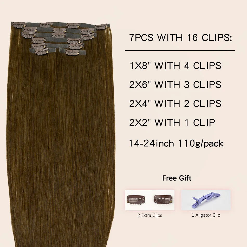 Extensions à clips en cheveux humains PU invisibles, 7 pièces, 110 g