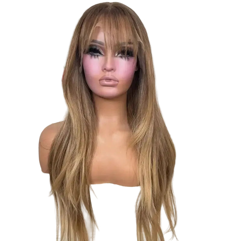 Ombre Blonde Brown HD Synthetic Lace Front Wig With Bangs