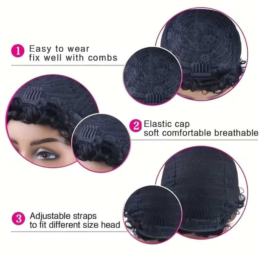 Perruque de cheveux humains bouclés coupe pixie courte avec frange