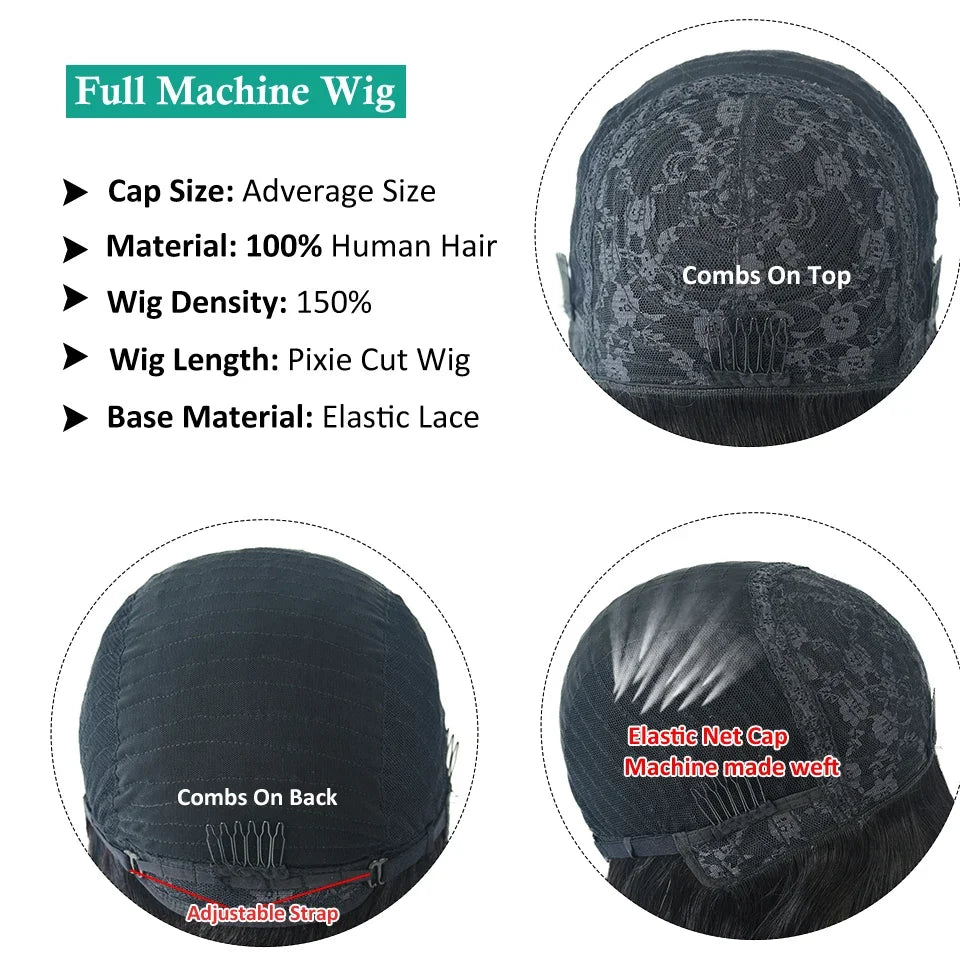 Short Bob Pixie Cut Straight Human Hair Glueless Wig