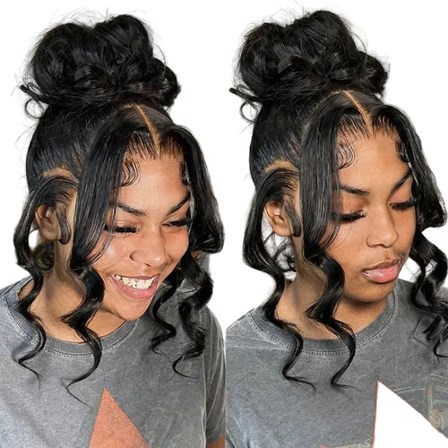 360 HD lace front human hair wig styled in a bun with loose curls framing the face, showcasing versatility and elegance.