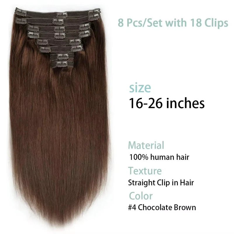 Extensions à clip brun 8 pièces 120g Cheveux humains Remy