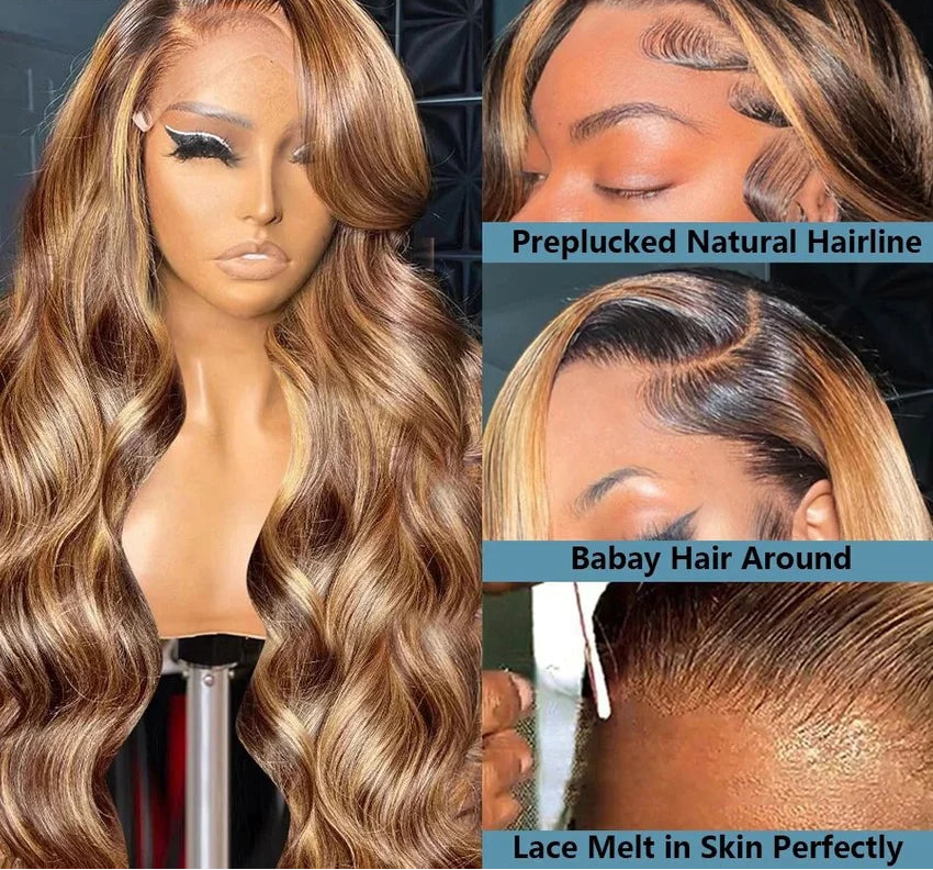 Perruque sans colle avec dentelle frontale, cheveux indétectables, ondulation naturelle, couleur ombrée P4/27