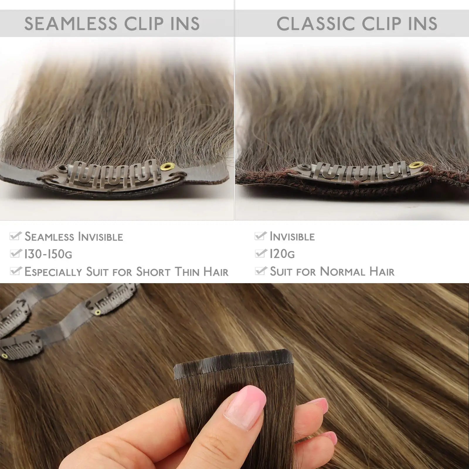Seamless Clip In Human Hair Extensions – Invisible PU 150g